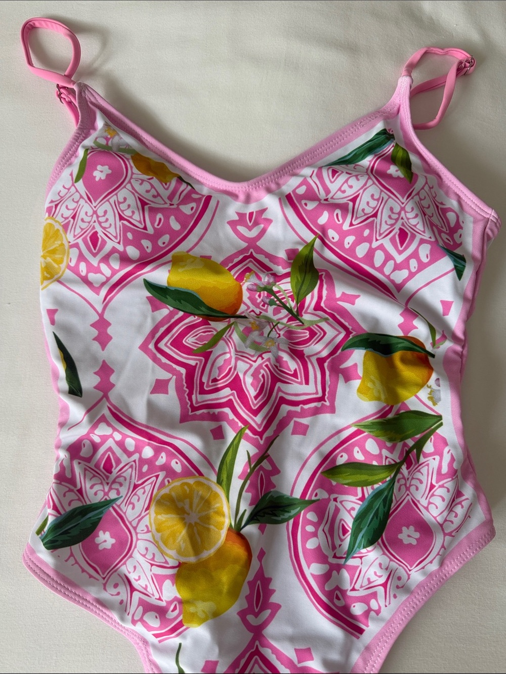 Pink Trim One-Piece Lemon Print Swimsuit